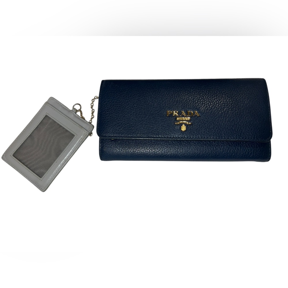 Prada Blue Leather Continental Wallet with Removable Card Holder – Gold Hardware
